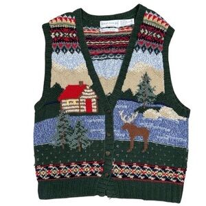 Vintage Robert Scott Ltd Hand Knit Sweater Vest Cottagecore Cabin Moose Scenic W